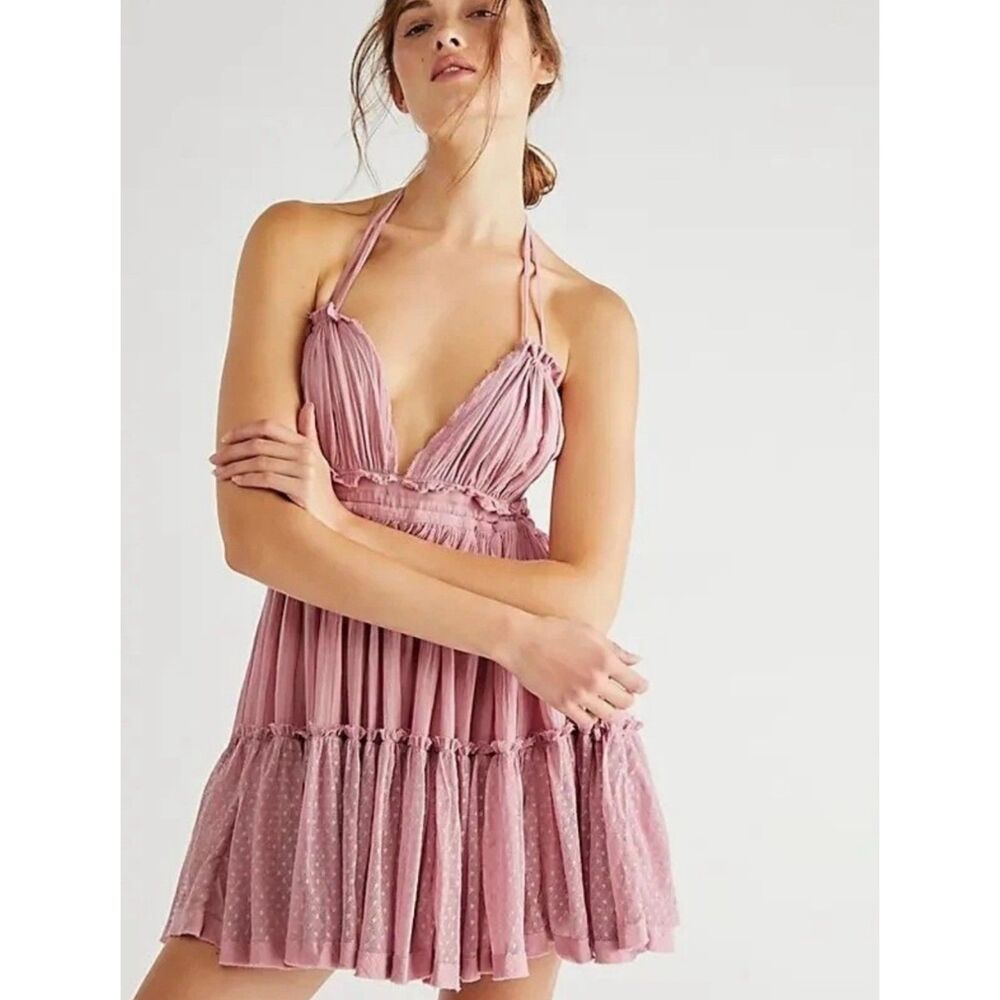 Free People 100 Degree Mini Dress Womens S Pink Ruffle Chiffon Boho Beachy READ